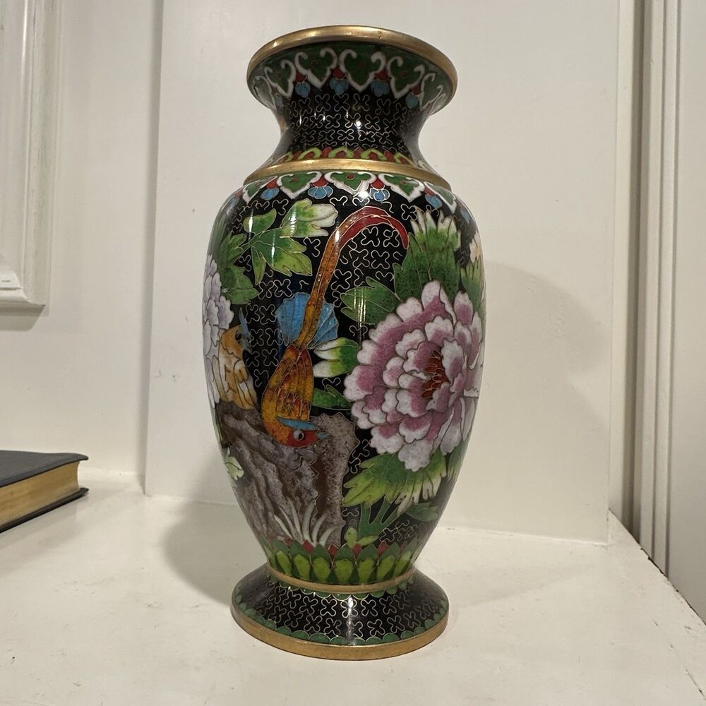 Vintage 70s Chinese Cloisonné Vase Peony & Bird Motif Black Enamel Brass Trim 8”